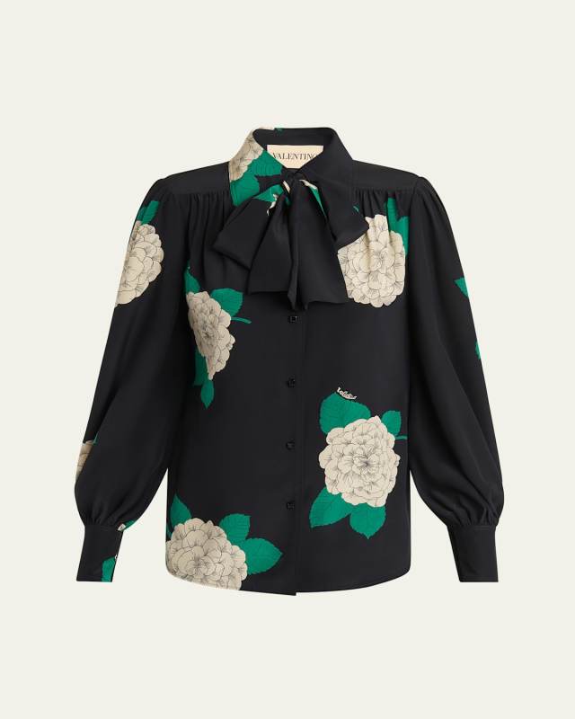 Floral Print Tie-Neck Silk Blouse